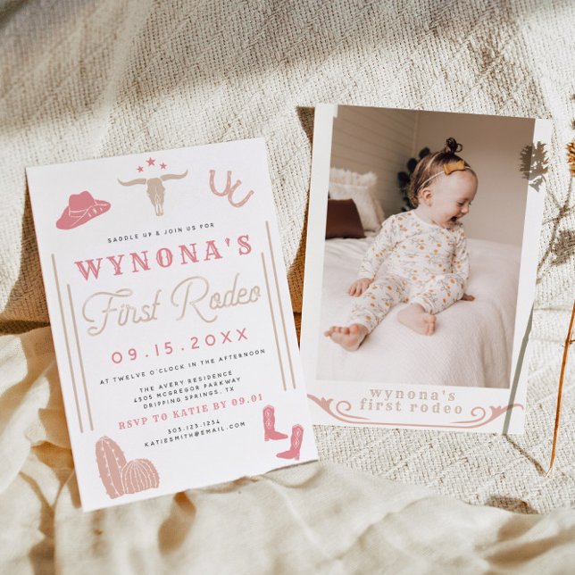 WYNONA Blush First Rodeo Cowgirl Photo Birthday Invitation (Creator Uploaded)