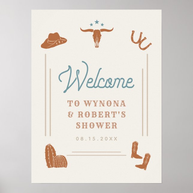 WYNONA Orange Blue Cowboy Couples Shower Welcome Poster (Front)
