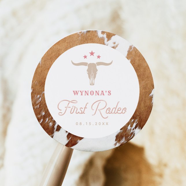 WYNONA Pink Cowgirl First Rodeo Birthday Party Classic Round Sticker (Creator Uploaded)