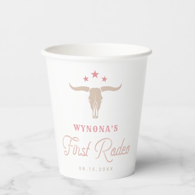 WYNONA Pink Cowgirl First Rodeo Birthday Party Paper Cups (Front)