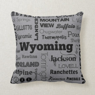 Wyoming cities typography pillow in grey/black