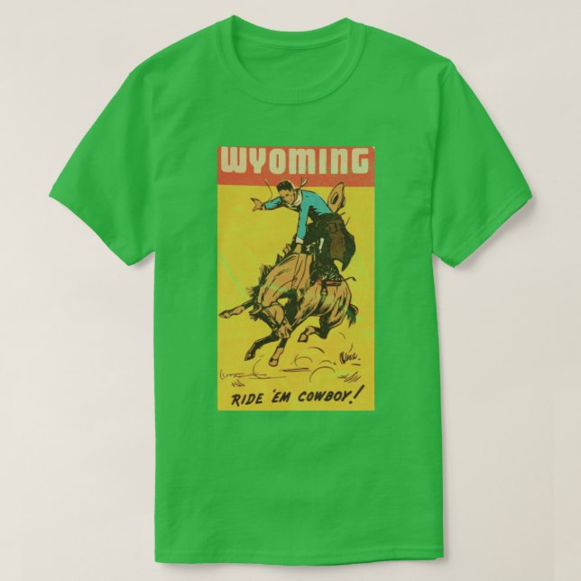 Wyoming Cowboy Vintage Travel Label T-Shirt (Design Front)