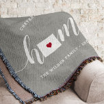 Wyoming Home State Personalised Rustic Throw Blanket<br><div class="desc">Show some home state pride with this cute rustic grey throw blanket featuring "home" in white calligraphy script lettering with a silhouette map of the state of Wyoming standing in for the letter "O." A red heart illustration inside the state map completes the design; you can change the position of...</div>