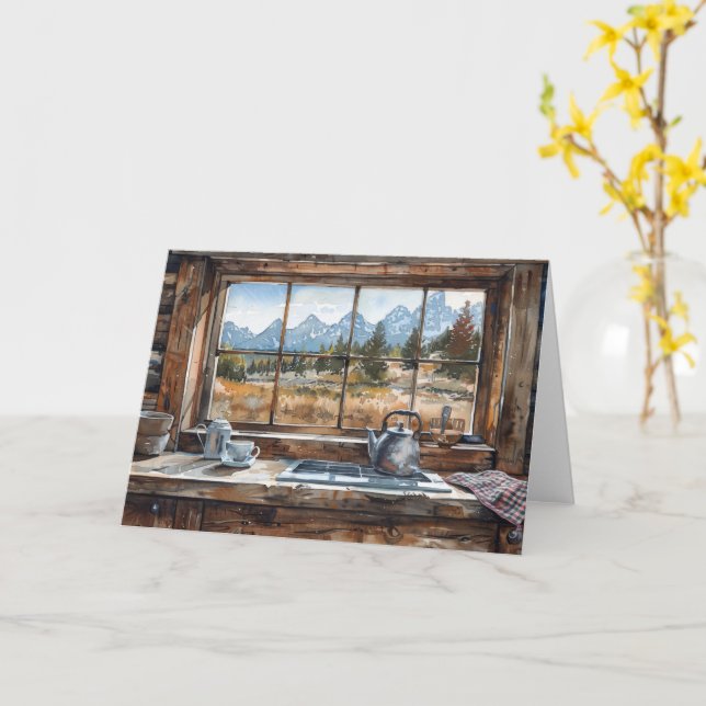 Wyoming Log Cabin Kitchen Watercolor with Grand Te Card (Yellow Flower)