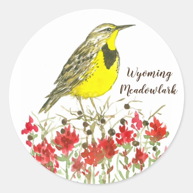 Wyoming Meadowlark Songbird Wildflowers Classic Round Sticker (Front)