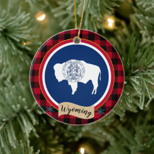 Wyoming, Red buffalo plaid & Wyoming Flag, USA Ceramic Tree Decoration