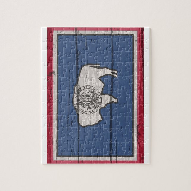 Wyoming State Flag On Old Timber Jigsaw Puzzle (Vertical)
