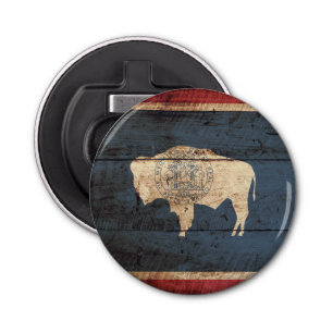 Wyoming State Flag on Old Wood Grain Bottle Opener