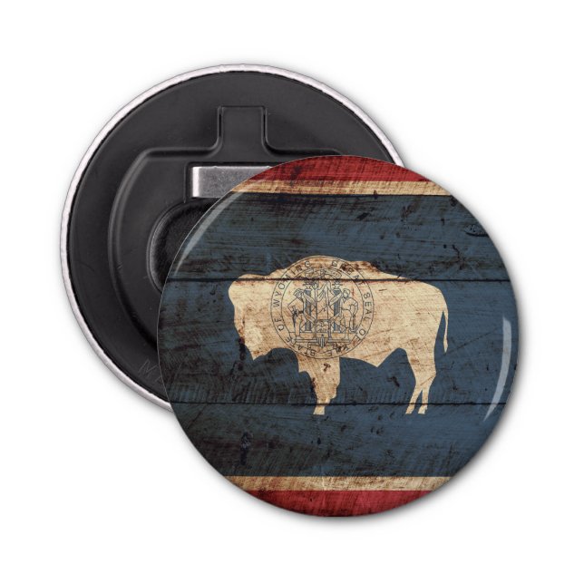 Wyoming State Flag on Old Wood Grain Bottle Opener (Front)