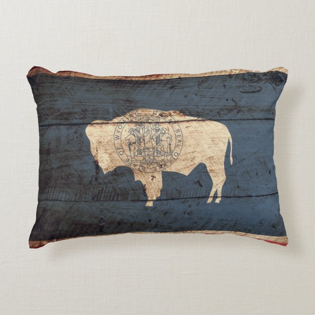 Wyoming State Flag on Old Wood Grain Decorative Cushion (Front)