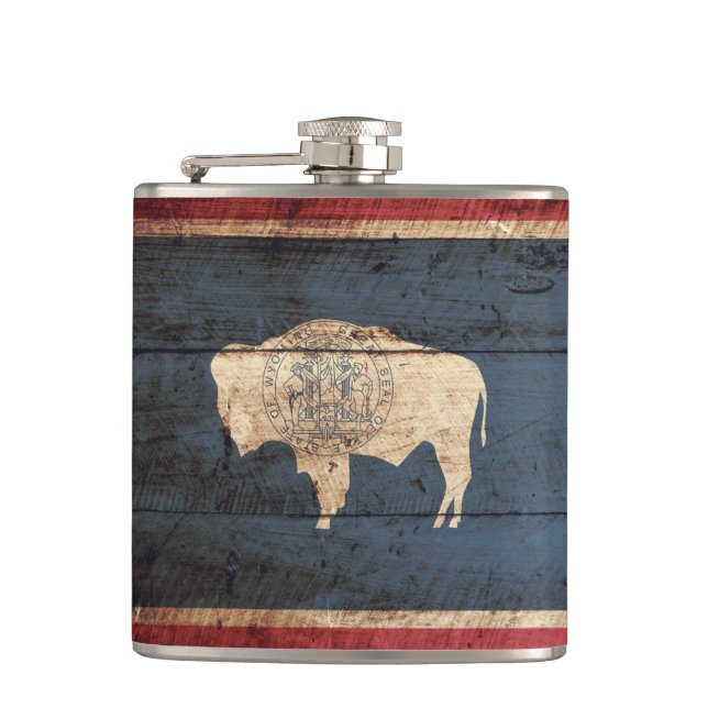 Wyoming State Flag on Old Wood Grain Hip Flask (Front)