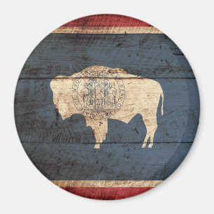 Wyoming State Flag on Old Wood Grain Magnet