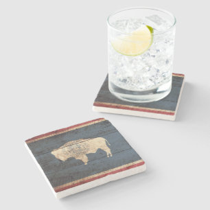 Wyoming State Flag on Old Wood Grain Stone Coaster