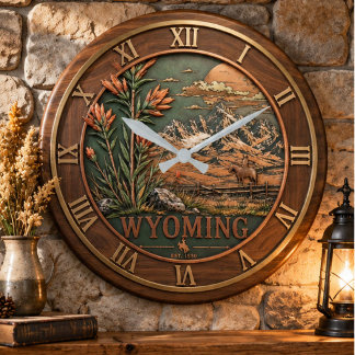 Wyoming State Map 3D Relief Wood Large Clock