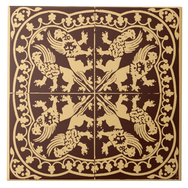 Wyvern Griffin Beast Mediaeval Brown Gold Vintage Tile (Front)