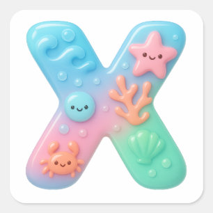 "X" Cute Letter - Underwater Sea Creature Square Sticker