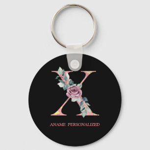 X Floral Monogram Name Letters Pink Agate Keychain