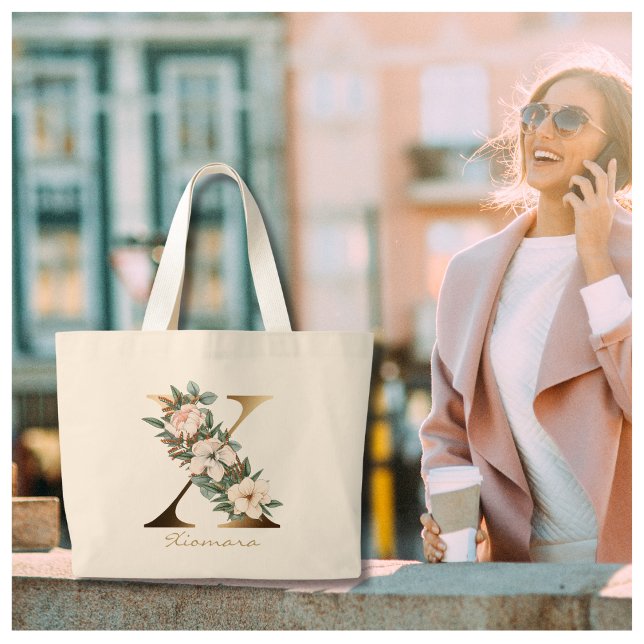 X Letter Gold Monogram White Blush Orange Floral Large Tote Bag (Creator Uploaded)