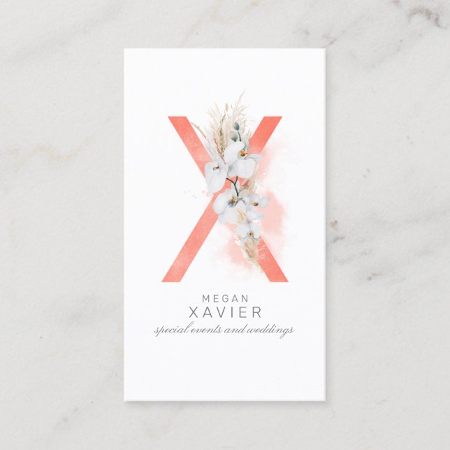 X Letter Monogram White Orchids and Pampas Grass Business Card (Front)