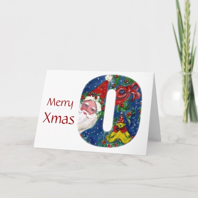 X LETTER / SANTA CLAUS WITH RED RIBBON MONOGRAM HOLIDAY CARD (Front)