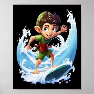 X-mas Christmas Elf Riding Surfboard Surfboard  Poster