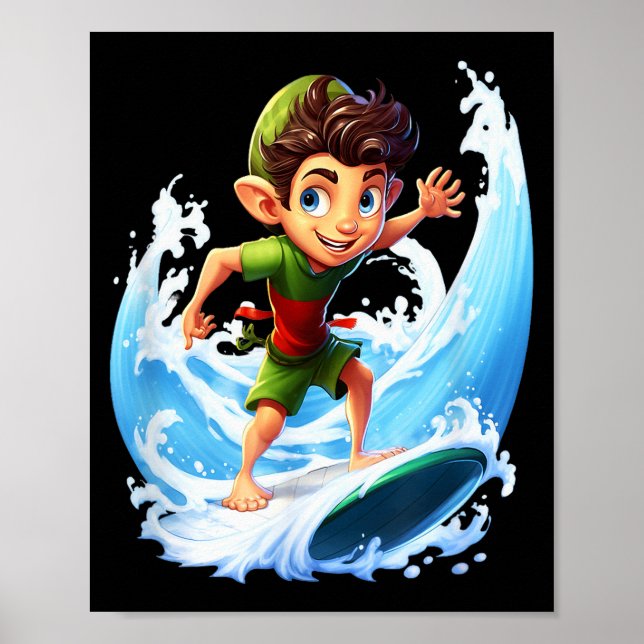 X-mas Christmas Elf Riding Surfboard Surfboard  Poster (Front)