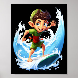 X-mas Christmas Elf Riding Surfboard Surfboard  Poster