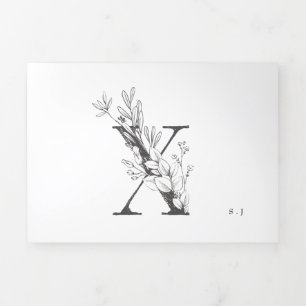 'X' Monogram Beautiful Sketched Floral Wedding Tri-Fold Invitation