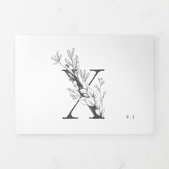 'X' Monogram Beautiful Sketched Floral Wedding Tri-Fold Invitation (Cover)