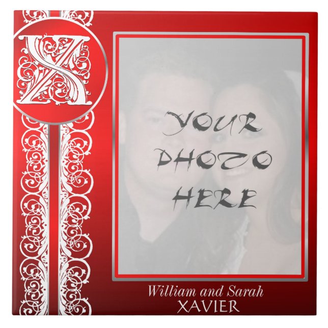X Monogram "White Lace on Red" with Photo - Tile (Front)