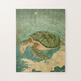 x Moonlit Waves - Sea Turtle, Japanese Art Jigsaw Puzzle