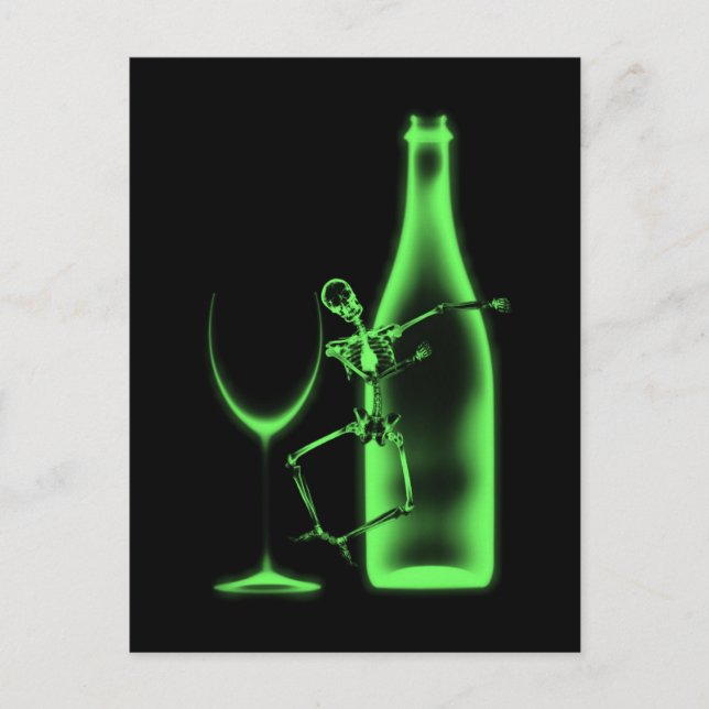 X-Ray Celebration Skeleton & Wine - Green Postcard (Front)