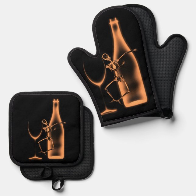 X-Ray Celebration Skeleton & Wine Oven Mitt & Pot Holder Set (Front/Back)