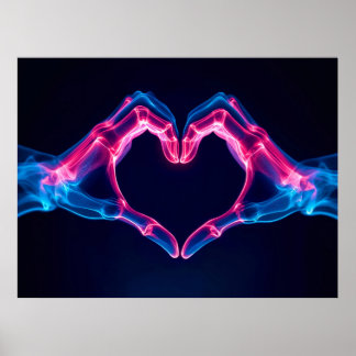 X-Ray of Hands in Heart Shape – Neon Pink and Blue Poster