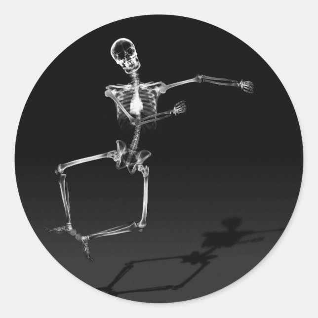 X-RAY SKELETON JOY LEAP B&W CLASSIC ROUND STICKER (Front)