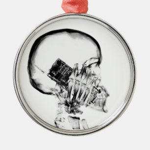 X-RAY SKELETON ON PHONE - B&W METAL TREE DECORATION