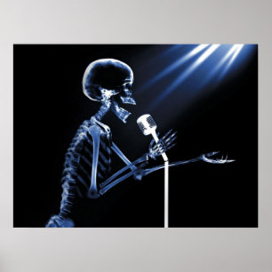 X-RAY SKELETON SINGING ON RETRO MIC - BLUE POSTER