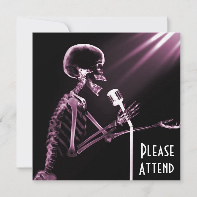 X-RAY SKELETON SINGING ON RETRO MIC - PINK INVITATION (Front)