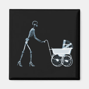 X-RAY SKELETON WOMAN & BABY CARRIAGE - BLUE MAGNET