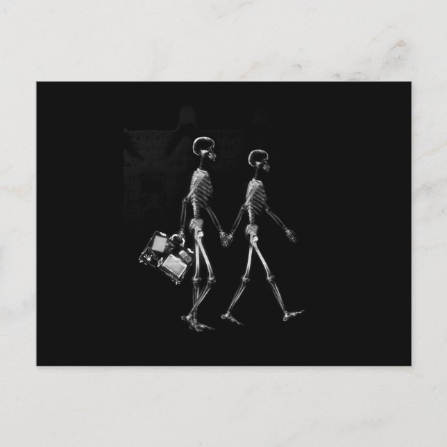 X-RAY VISION SKELETON COUPLE TRAVELING B&W POSTCARD (Front)
