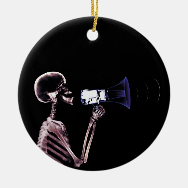 X-RAY VISION SKELETON ON MEGAPHONE - ORIGINAL CERAMIC TREE DECORATION (Front)