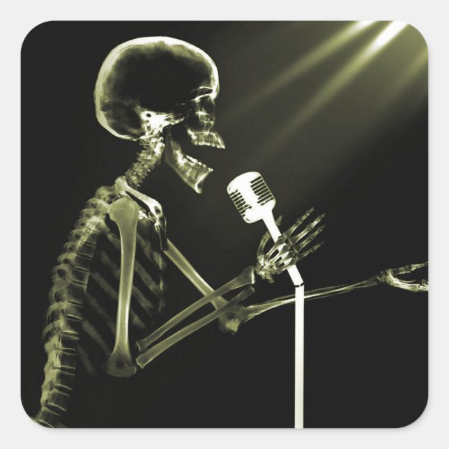X-RAY VISION SKELETON SINGING ON RETRO MIC YELLOW SQUARE STICKER (Front)