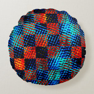 Xadrez azul, laranja quase vermelho, fake sujo round cushion