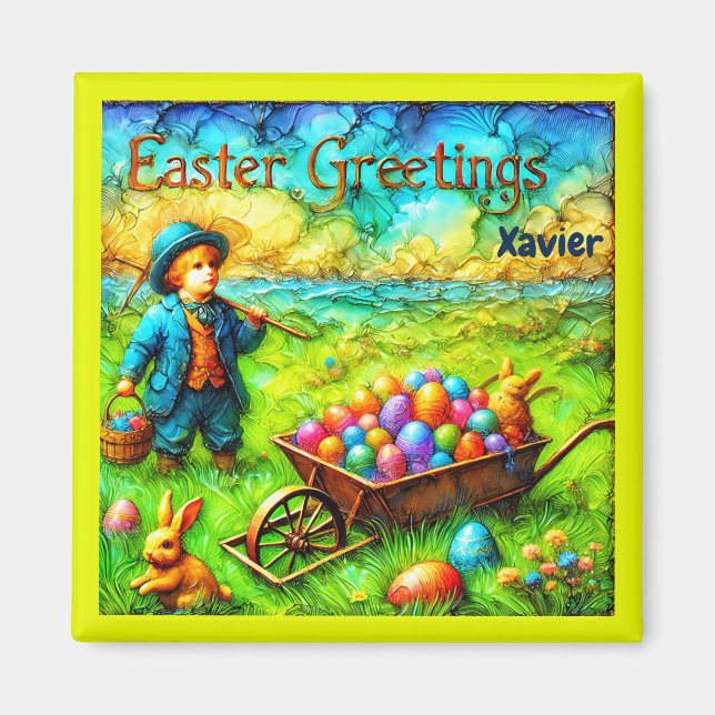 XAVIER ~ VINTAGE EASTER Boy ~ Easter Eggs ~ Magnet (Front)