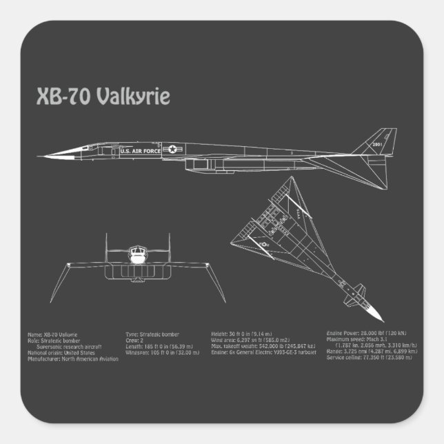 XB-70 Valkyrie - Aeroplane Blueprint Plans PD Square Sticker (Front)