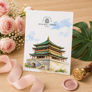Xi'an Bell Tower China, Watercolor Travel Souvenie Postcard