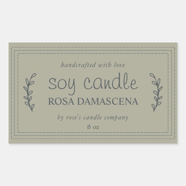 XL Homemade Soy Candle Foliage Moss Grey Custom Rectangular Sticker (Front)