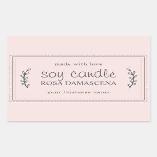 XL Homemade Soy Candle Foliage Pastel Pink Custom Rectangular Sticker