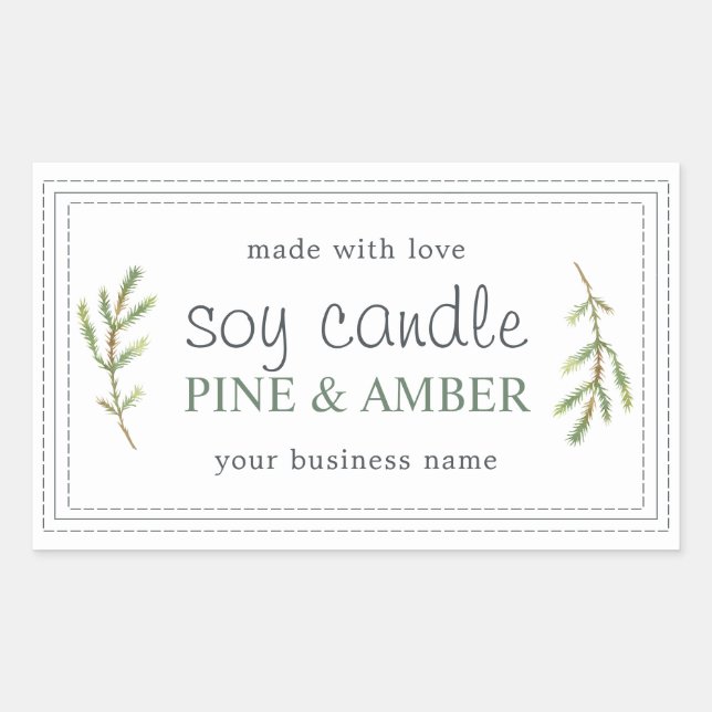 XL Homemade Soy Candle Pine Sprig Custom White Rectangular Sticker (Front)