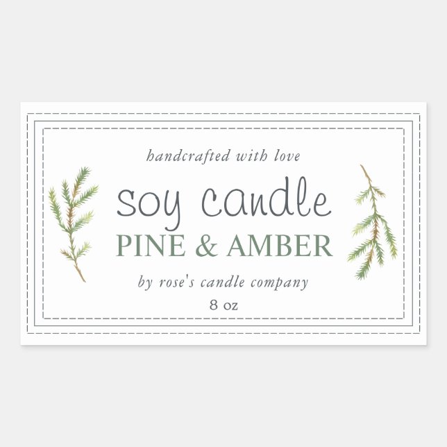 XL Homemade Soy Candle Pine Sprig Custom White Rectangular Sticker (Front)